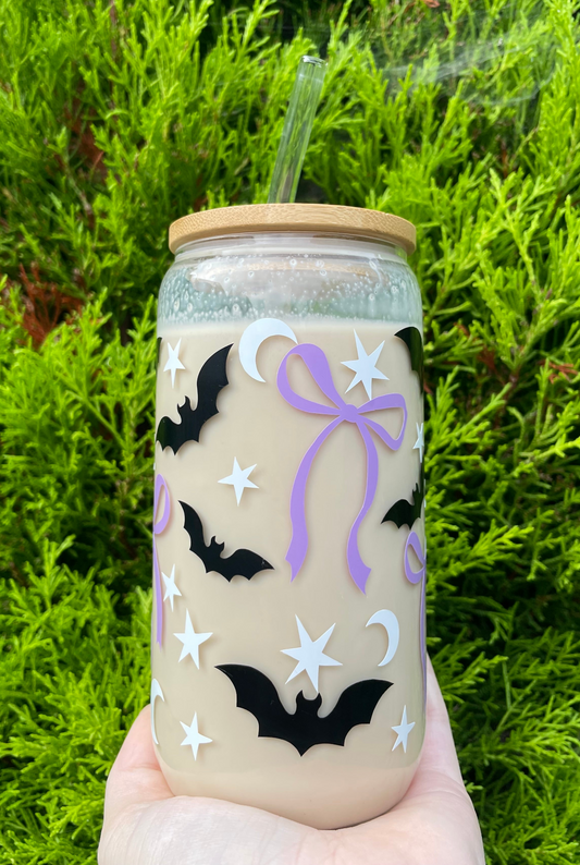 Halloween bat/bow glass cup/tumbler with lid and straw