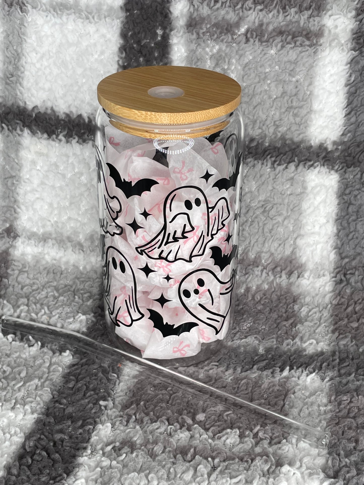 Halloween ghost glass cup/ tumbler with lid and straw