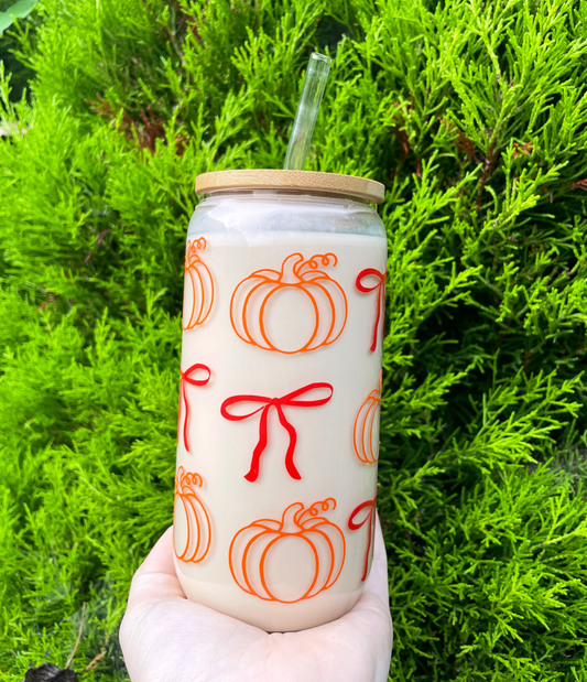 Halloween pumpkin glass tumbler cup with lid and straw