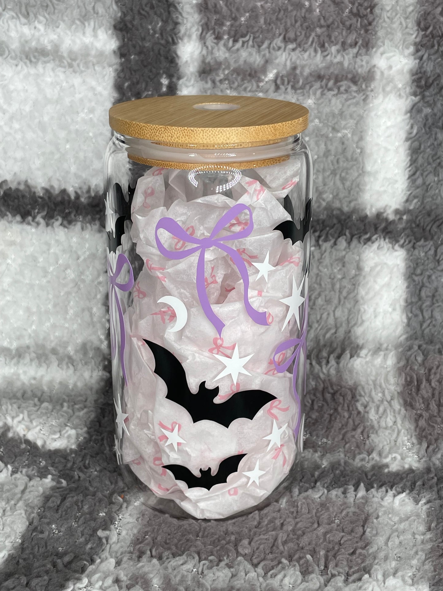 Halloween bat/bow glass cup/tumbler with lid and straw