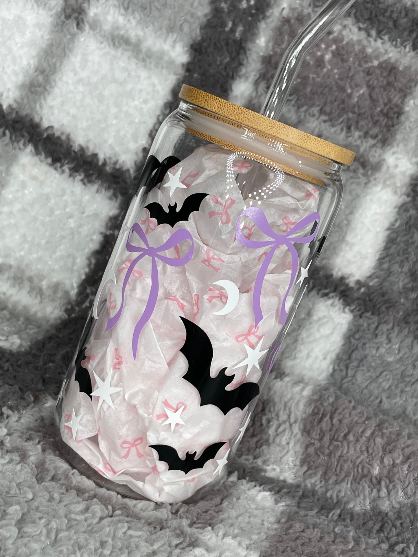 Halloween bat/bow glass cup/tumbler with lid and straw