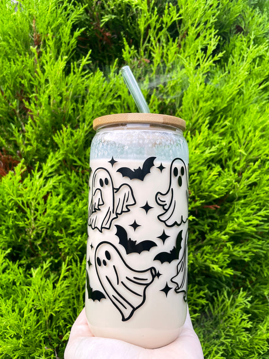 Halloween ghost glass cup/ tumbler with lid and straw