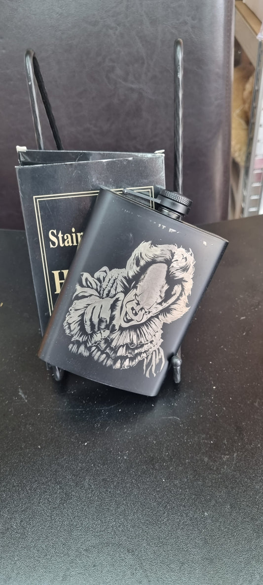 🎈 Horror Clown Engraved Black Hip Flask – Slightly Imperfect