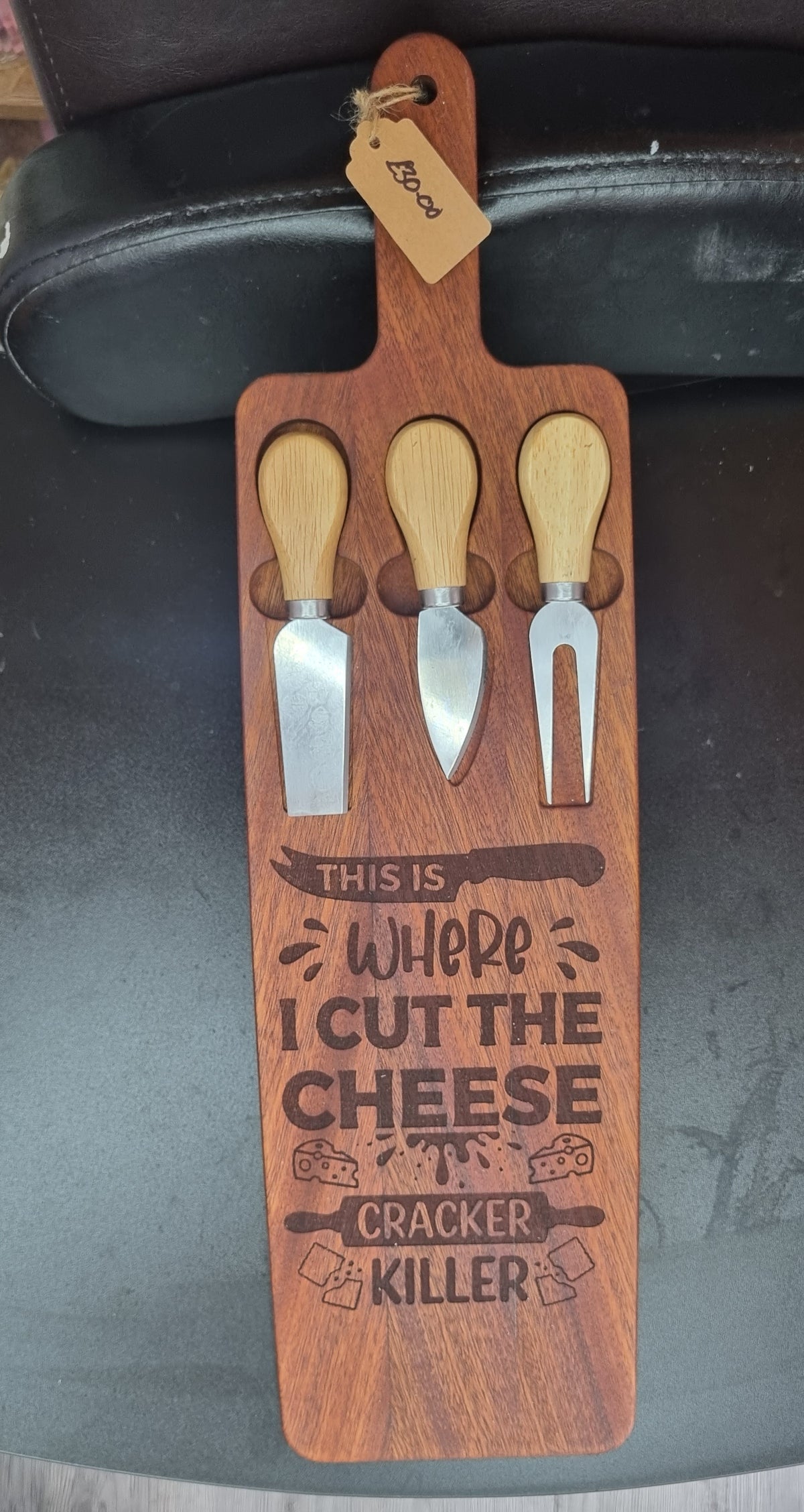 🧀 “This Is Where I Cut The Cheese” Wooden Cheese Board & Tool Set