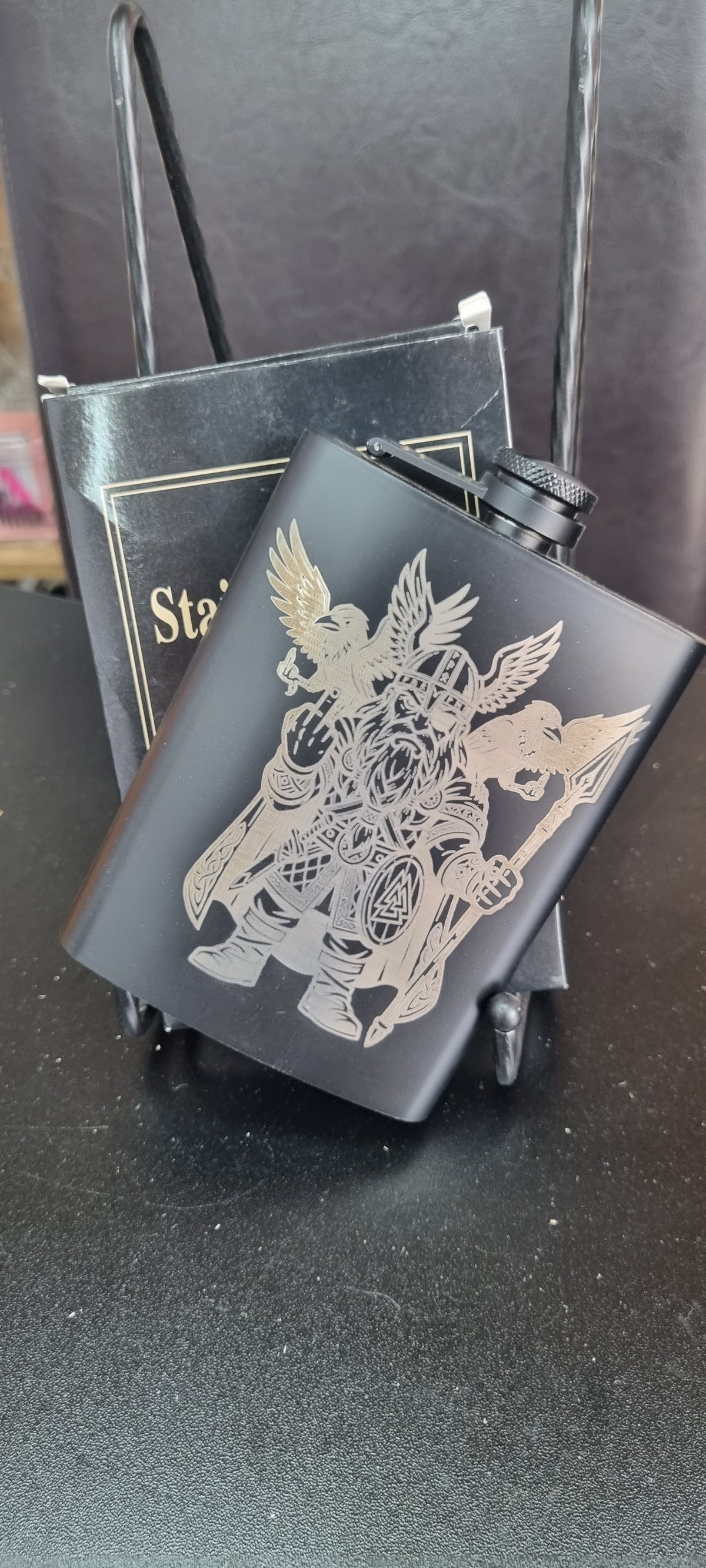 ⚔️ Viking Warrior Engraved Black Hip Flask